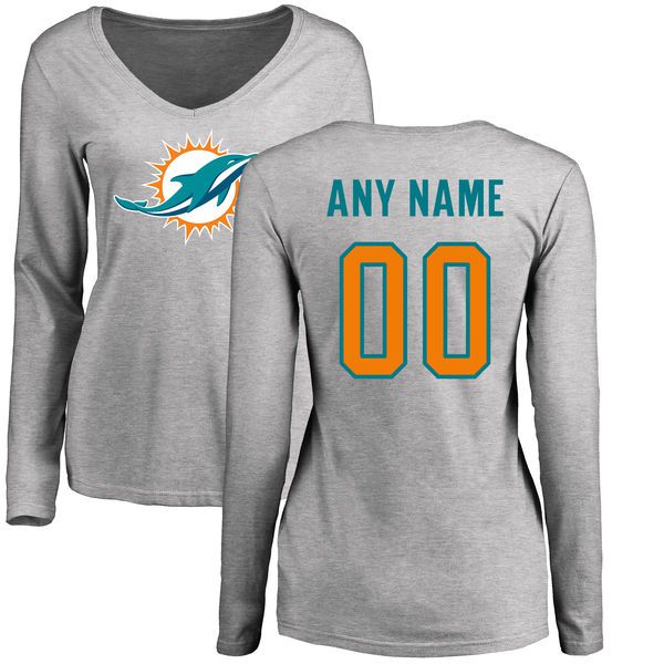 Women Miami Dolphins NFL Pro Line Ash Custom Name and Number Logo Slim Fit Long Sleeve T-Shirt->->Sports Accessory